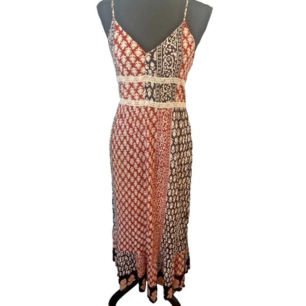 Boho Cotton Maxi Dress Medium Border Print Spaghetti Strap Festival Resort - Picture 2 of 4